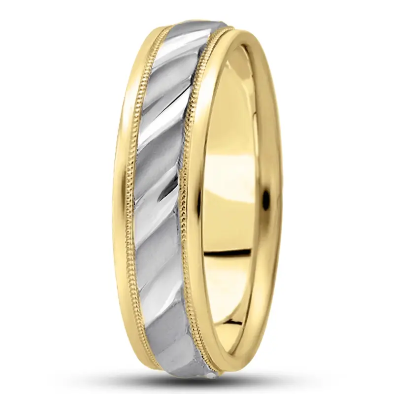 10K yellow-white-yellow gold 7mm. satin diamond-cut-fancy-wedding-ring - alternate view 4