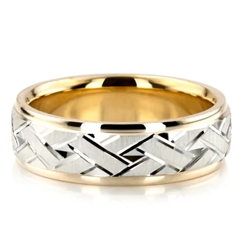 10K yellow-white-yellow gold 6mm. cross satin Fancy-carved-diamond-cut-wedding-ring - alternate view 2