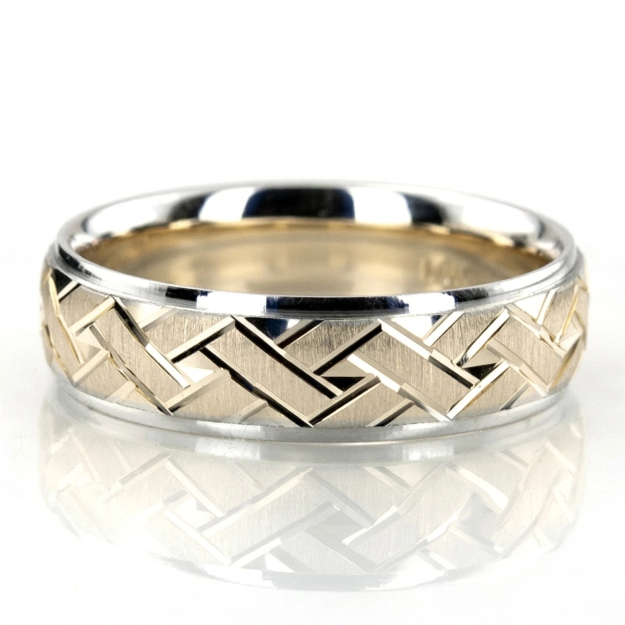 14K white-yellow-white gold 6mm. cross satin Fancy-carved-diamond-cut-wedding-ring - main view