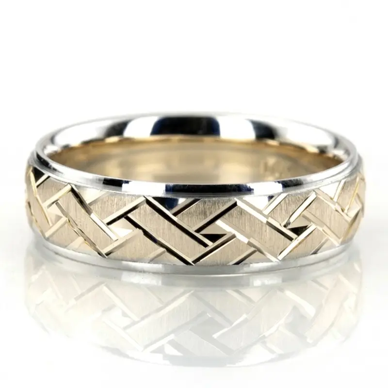 10K white-yellow-white gold 6mm. cross satin Fancy-carved-diamond-cut-wedding-ring - alternate view 3