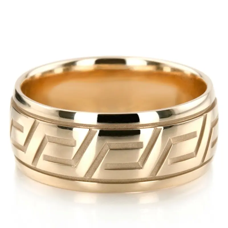 14K yellow gold 10mm. high polish fancy-carved-diamond-cut-wedding-ring - main view