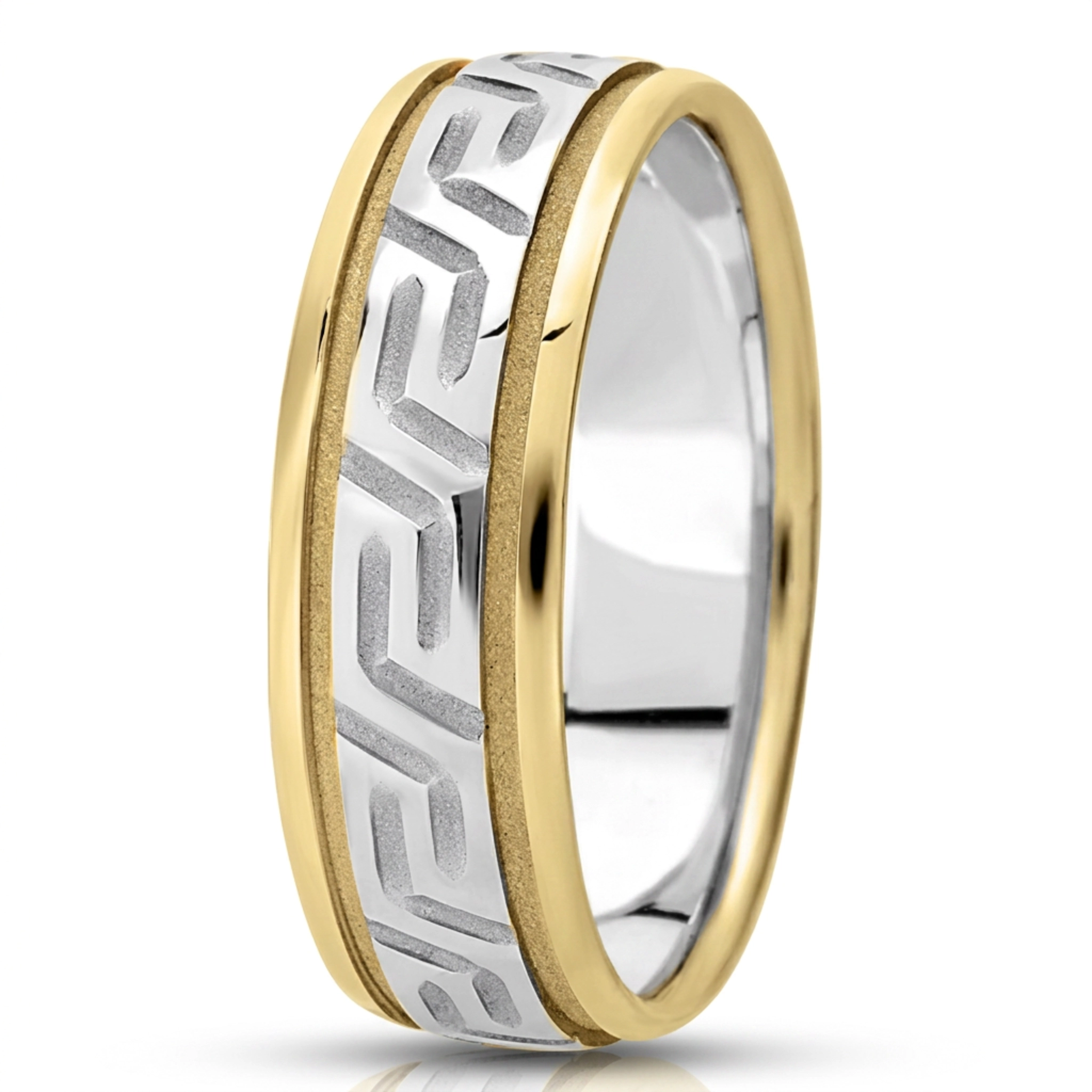 10K yellow-white-yellow gold 7mm. high polish fancy-carved-diamond-cut-wedding-ring - alternate view 3
