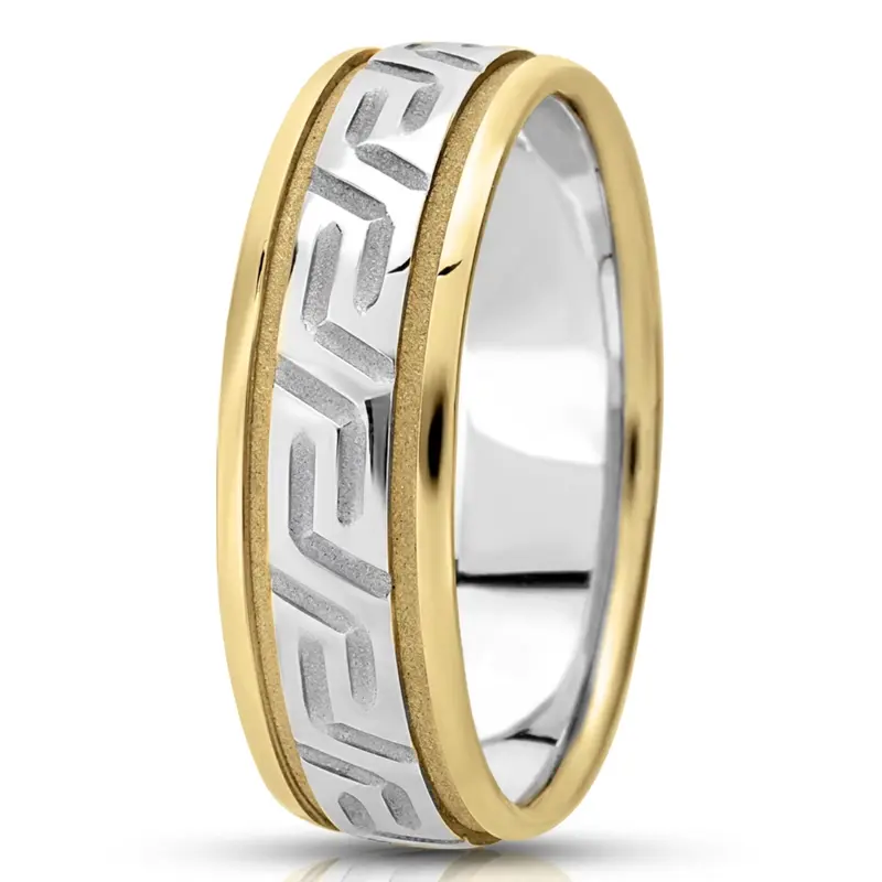 14K yellow-white-yellow gold 7mm. high polish fancy-carved-diamond-cut-wedding-ring - alternate view 3
