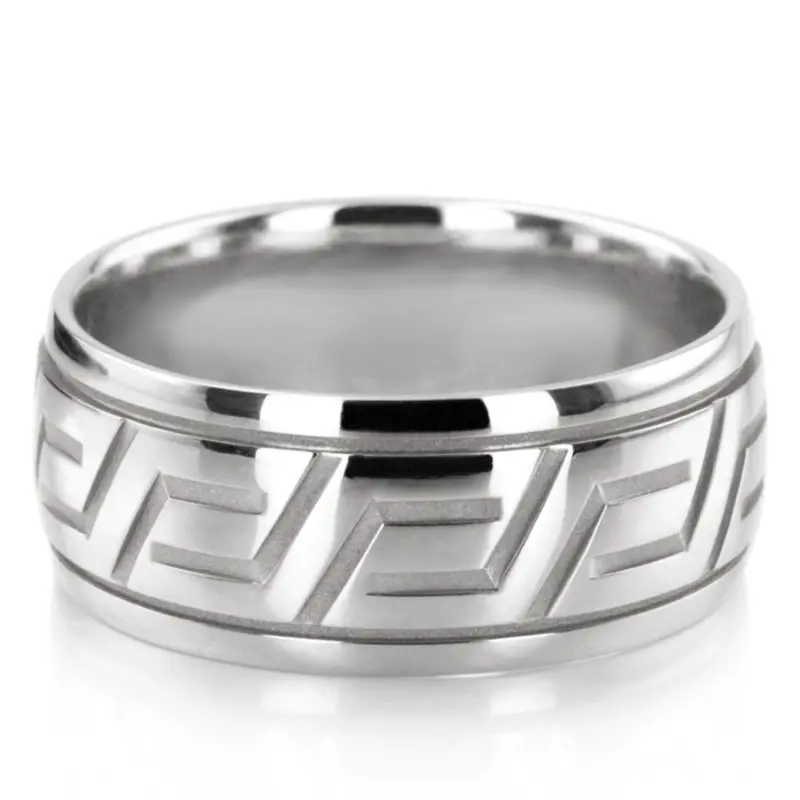 14K white gold 10mm. high polish fancy-carved-diamond-cut-wedding-ring - alternate view 2