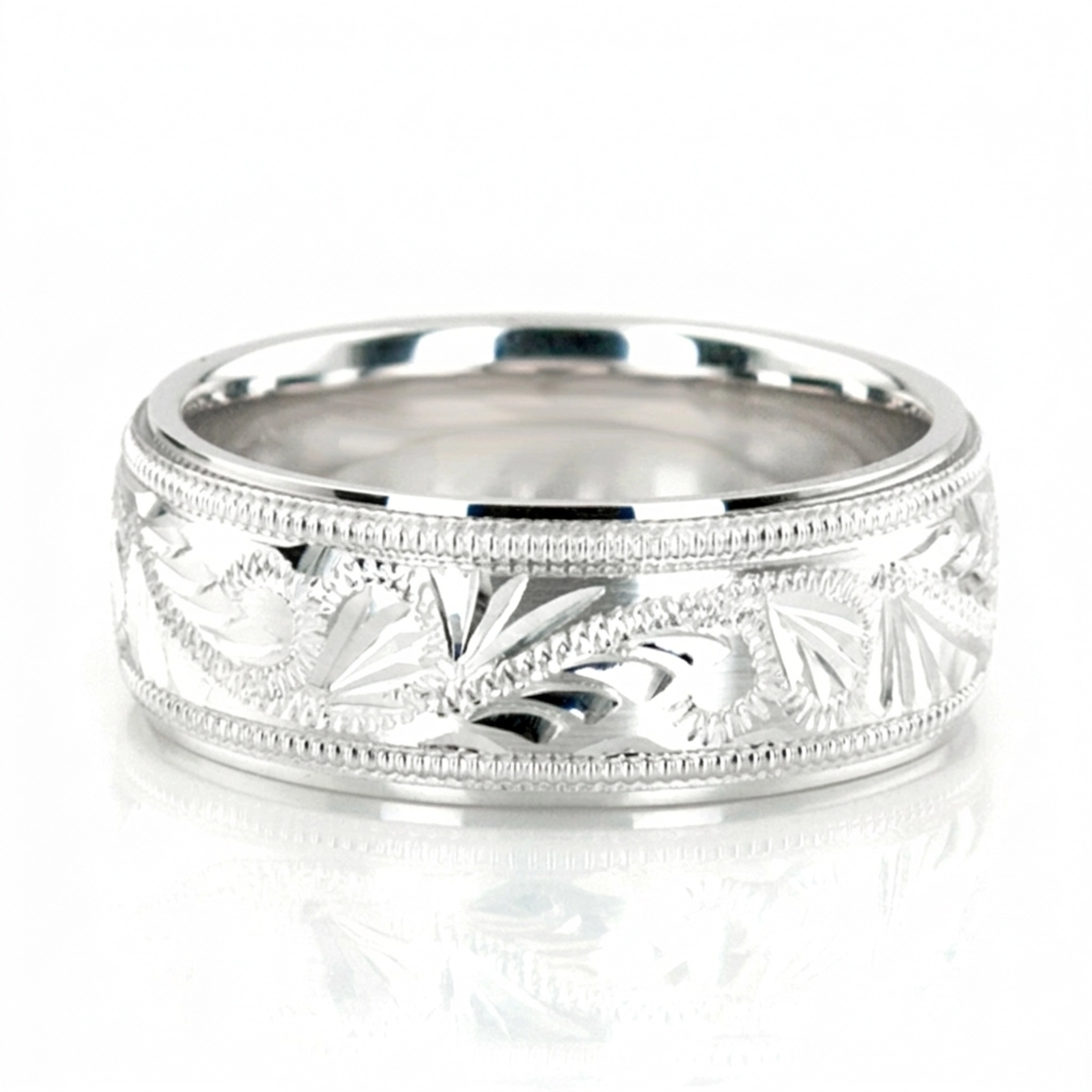 10K white gold 7mm. high polish fancy-carved-hand-engraved-wedding-band - main view
