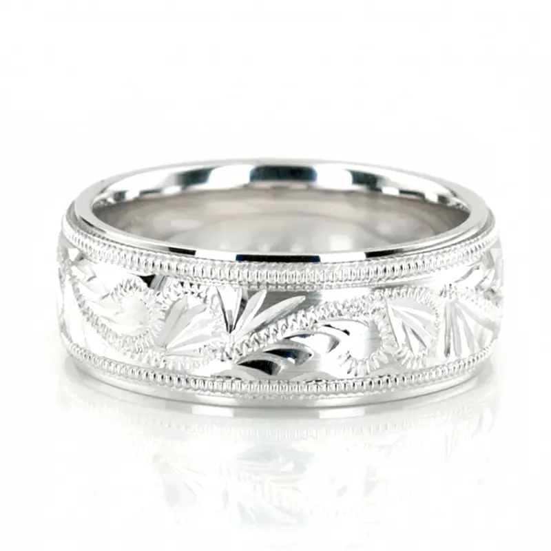 10K white gold 7mm. high polish fancy-carved-hand-engraved-wedding-band - main view