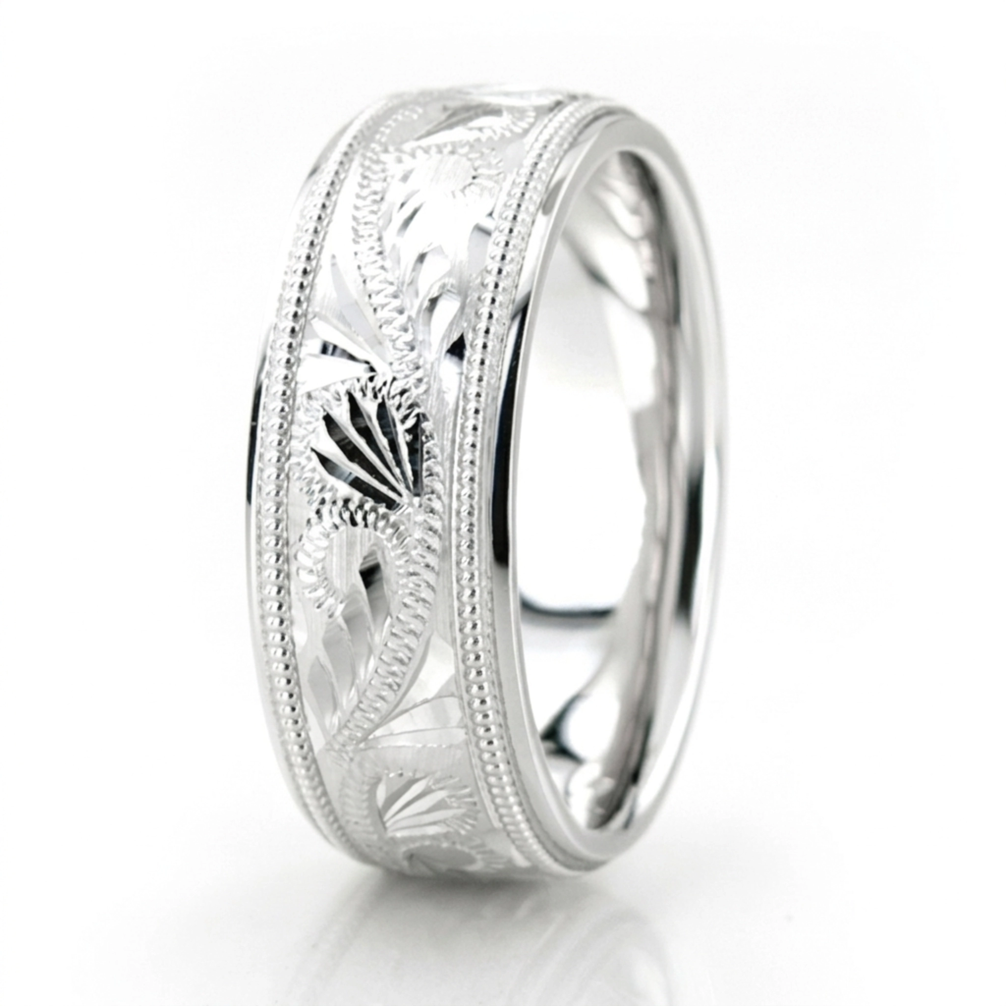 10K white gold 7mm. high polish fancy-carved-hand-engraved-wedding-band - alternate view 4