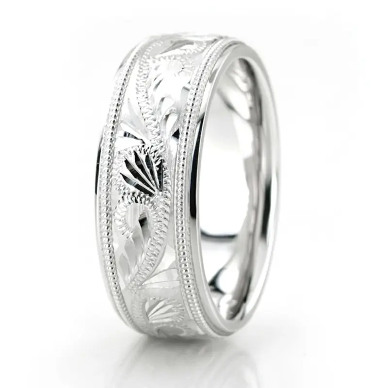 10K white gold 7mm. high polish fancy-carved-hand-engraved-wedding-band - alternate view 3