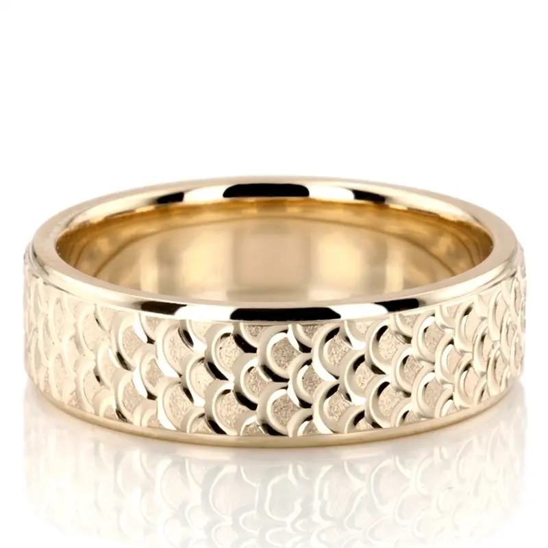 14K yellow gold 7mm. wire matte fishscale-fancy-wedding-band - main view