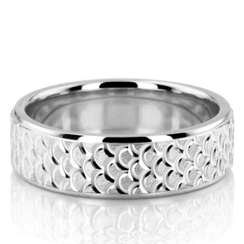 14K white gold 7mm. wire matte fishscale-fancy-wedding-band - alternate view 2