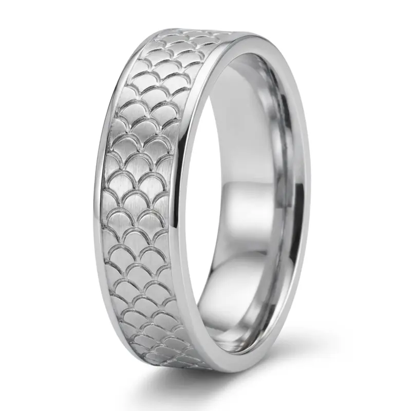 14K white gold 7mm. satin finish fishscale-fancy-wedding-band - alternate view 5