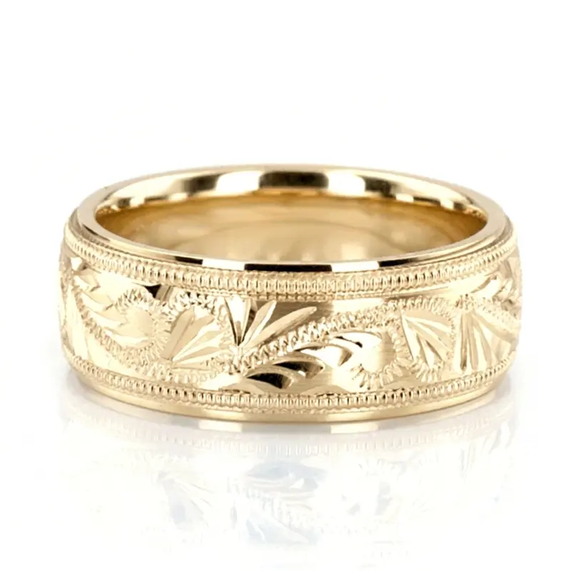10K yellow gold 7mm. high polish fancy-carved-hand-engraved-wedding-band - alternate view 2