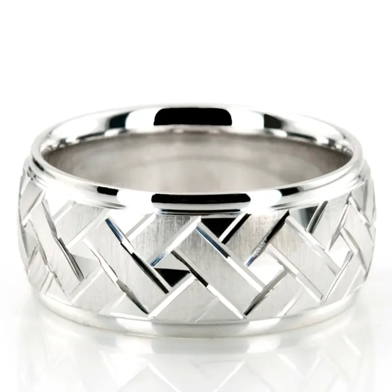 10K white gold 9mm. cross satin Fancy-carved-diamond-cut-wedding-ring - main view