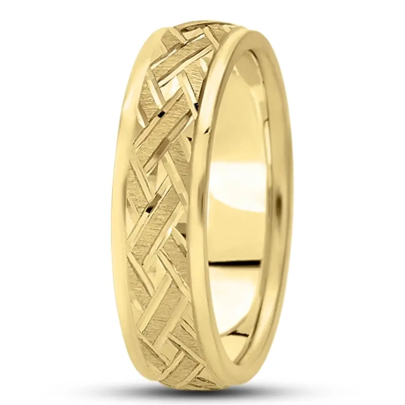 10K yellow gold 6mm. cross satin Fancy-carved-diamond-cut-wedding-ring - alternate view 9