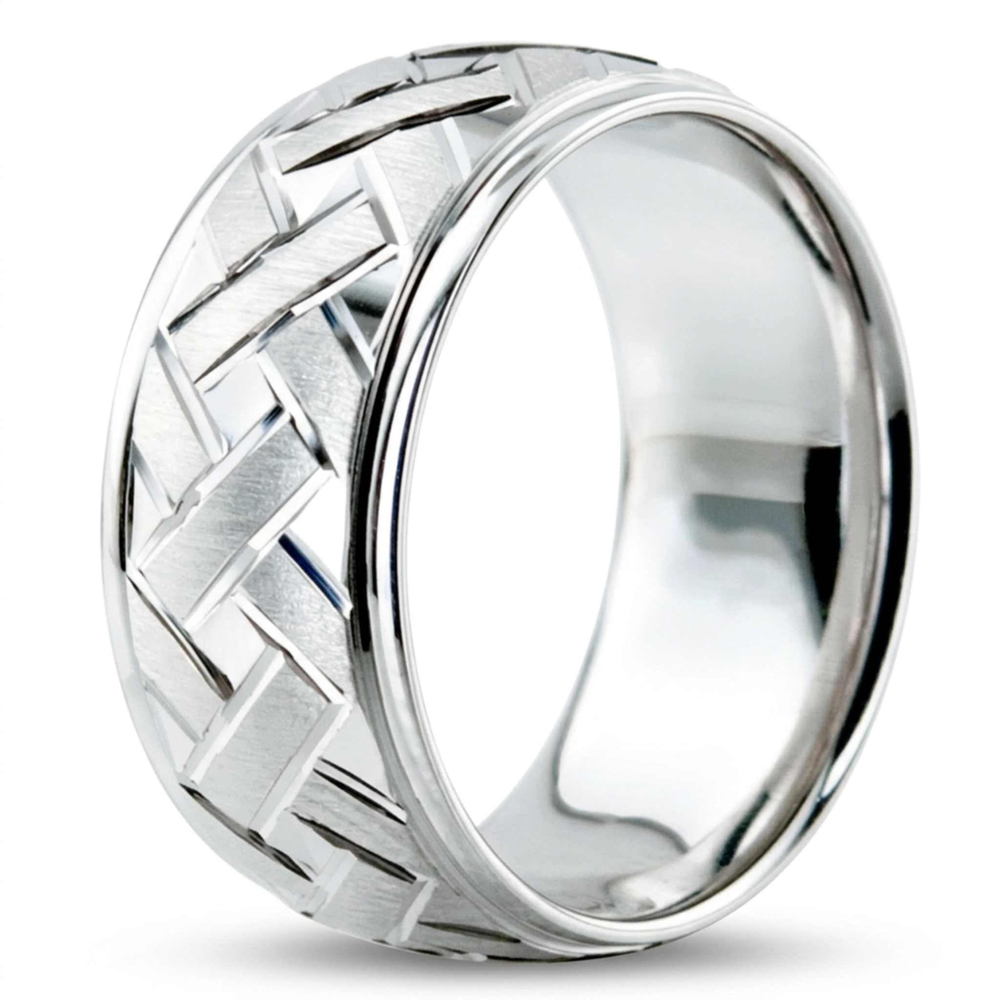 14K white gold 9mm. cross satin Fancy-carved-diamond-cut-wedding-ring - alternate view 6