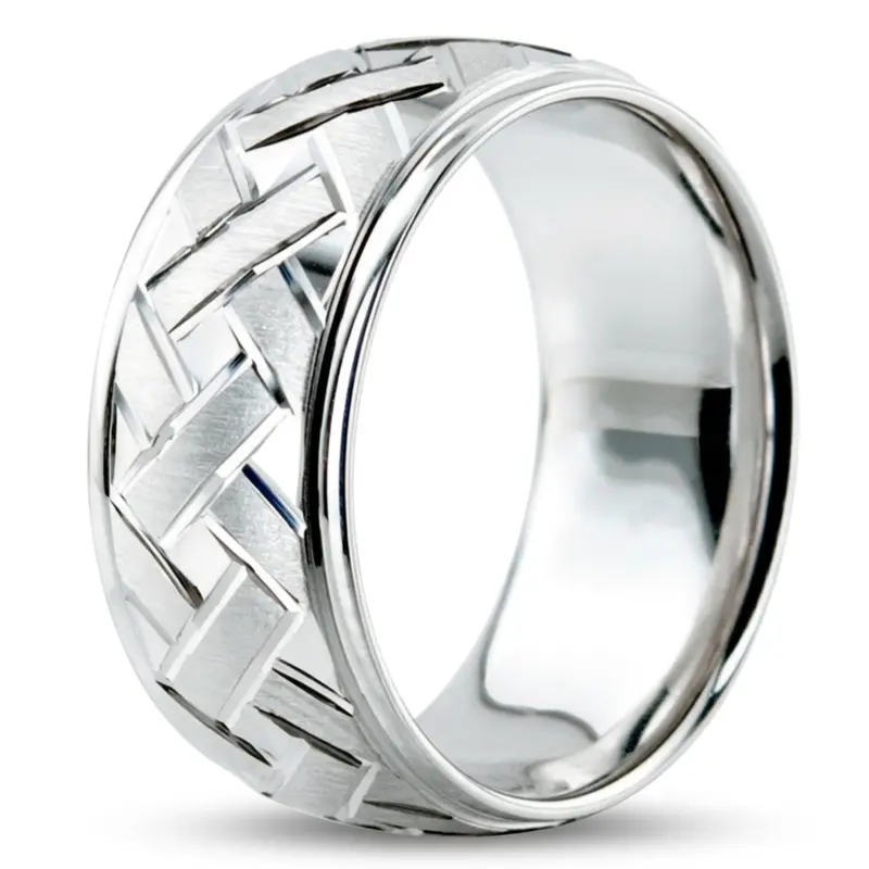 10K white gold 9mm. cross satin Fancy-carved-diamond-cut-wedding-ring - alternate view 6