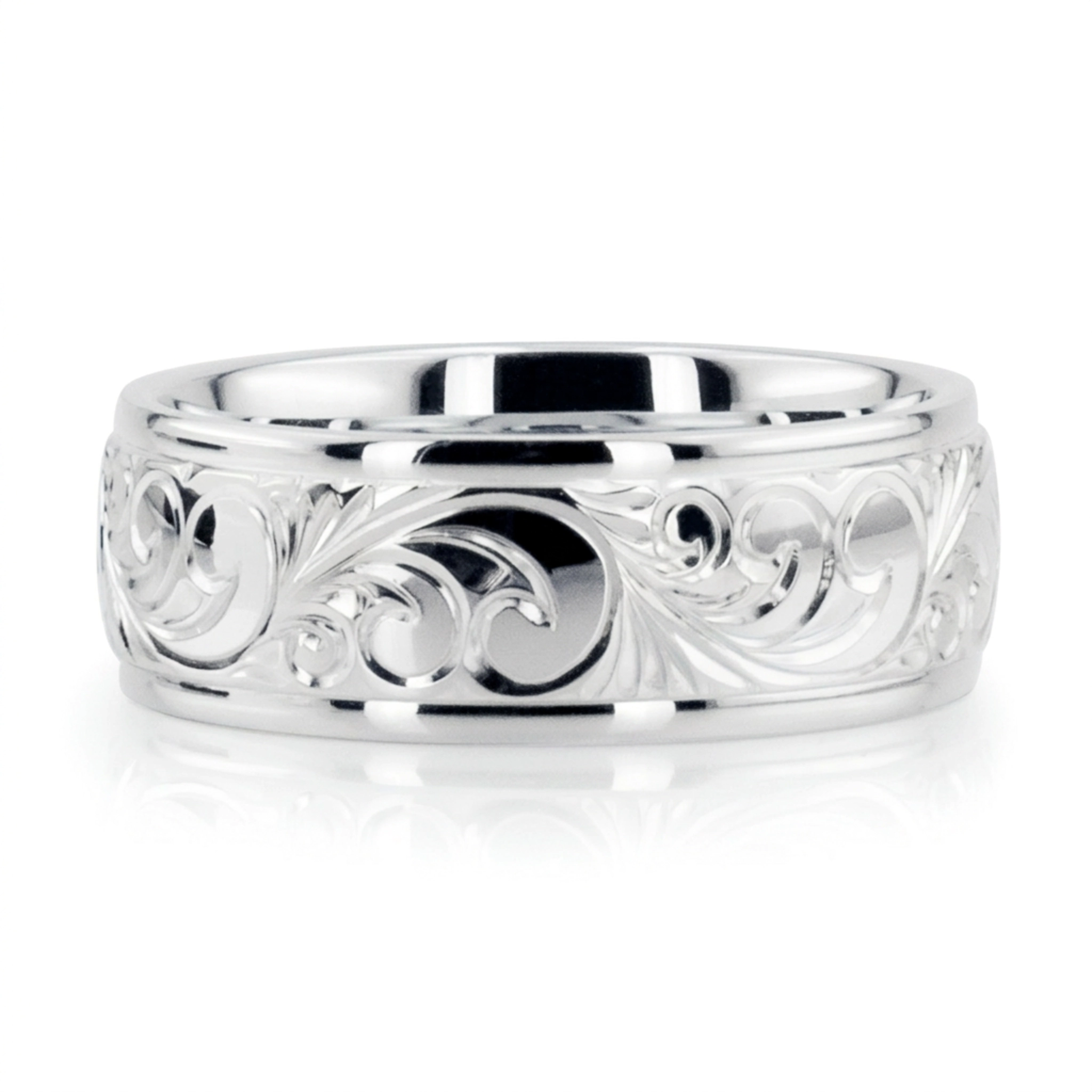 10K white gold 8mm. shiny finish Floral Harmony Hand-Engraved Wedding Ring - main view