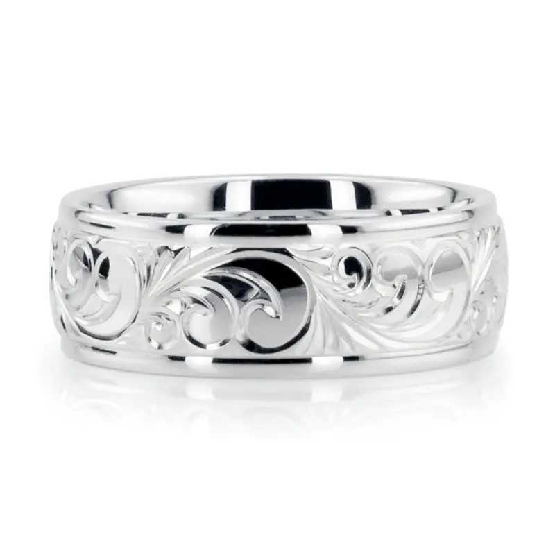 10K white gold 8mm. shiny finish Floral Harmony Hand-Engraved Wedding Ring - main view