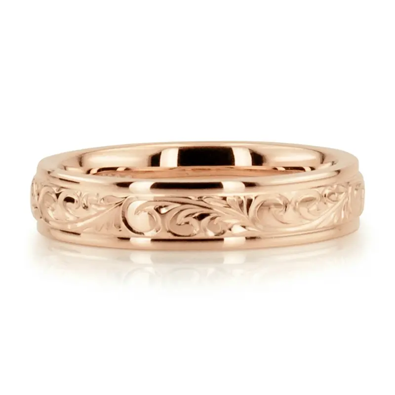 10K pink gold 4mm. shiny finish Floral Harmony Hand-Engraved Wedding Ring - alternate view 3