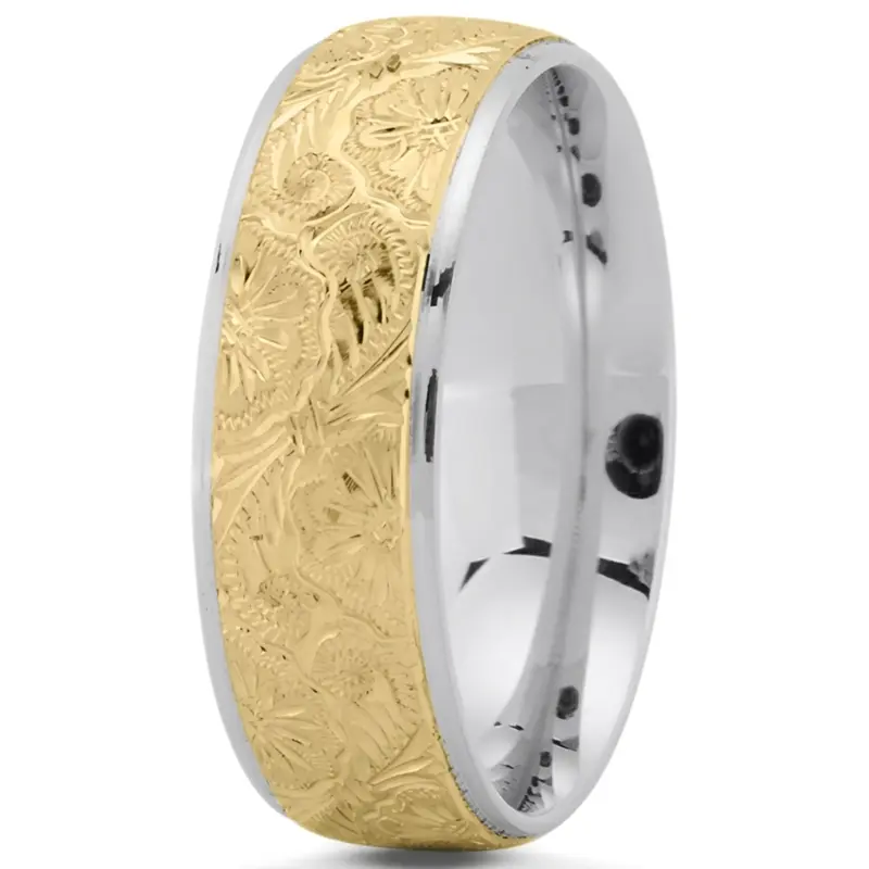 10K white-yellow-white gold 7mm. high polish Trendy-Floral-Wedding-Band - alternate view 7