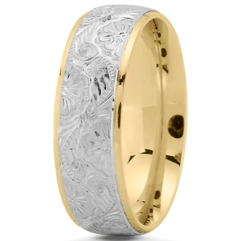10K yellow-white-yellow gold 7mm. high polish Trendy-Floral-Wedding-Band - alternate view 3