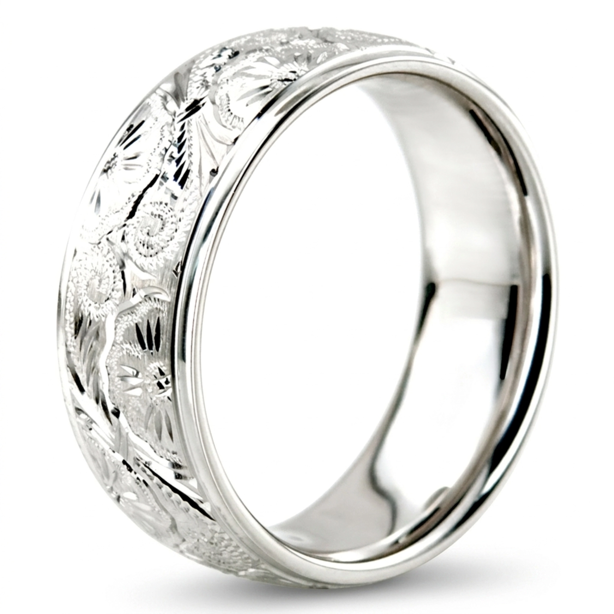 10K white gold 7mm. high polish Trendy-Floral-Wedding-Band - alternate view 6