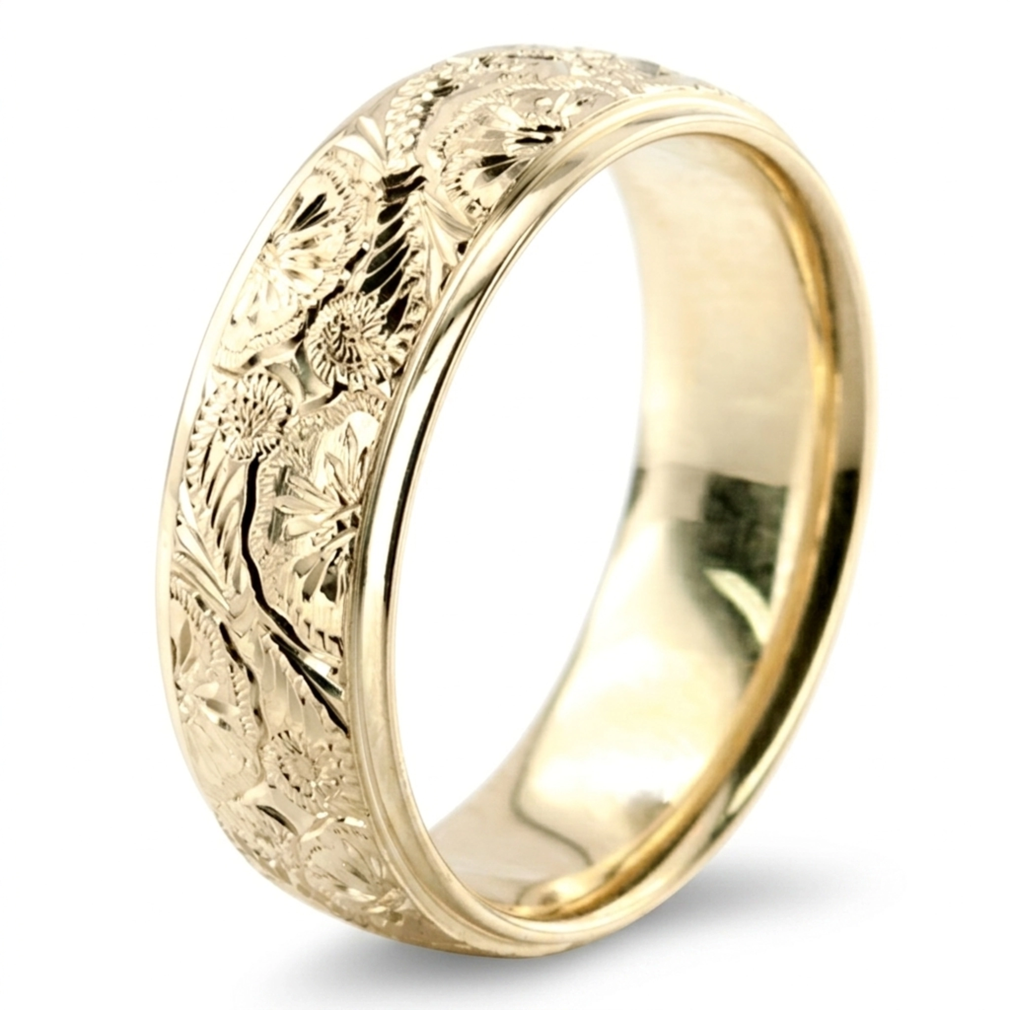 10K yellow gold 7mm. high polish Trendy-Floral-Wedding-Band - alternate view 5