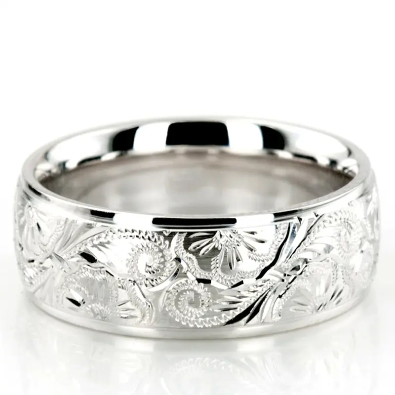 10K white gold 7mm. high polish Trendy-Floral-Wedding-Band - alternate view 4