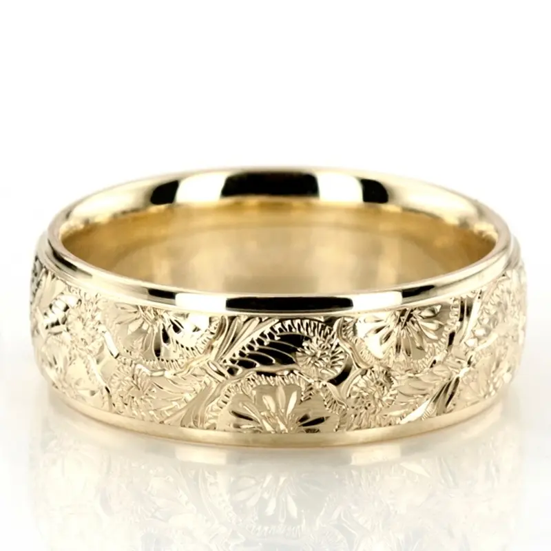 10K yellow gold 7mm. high polish Trendy-Floral-Wedding-Band - main view