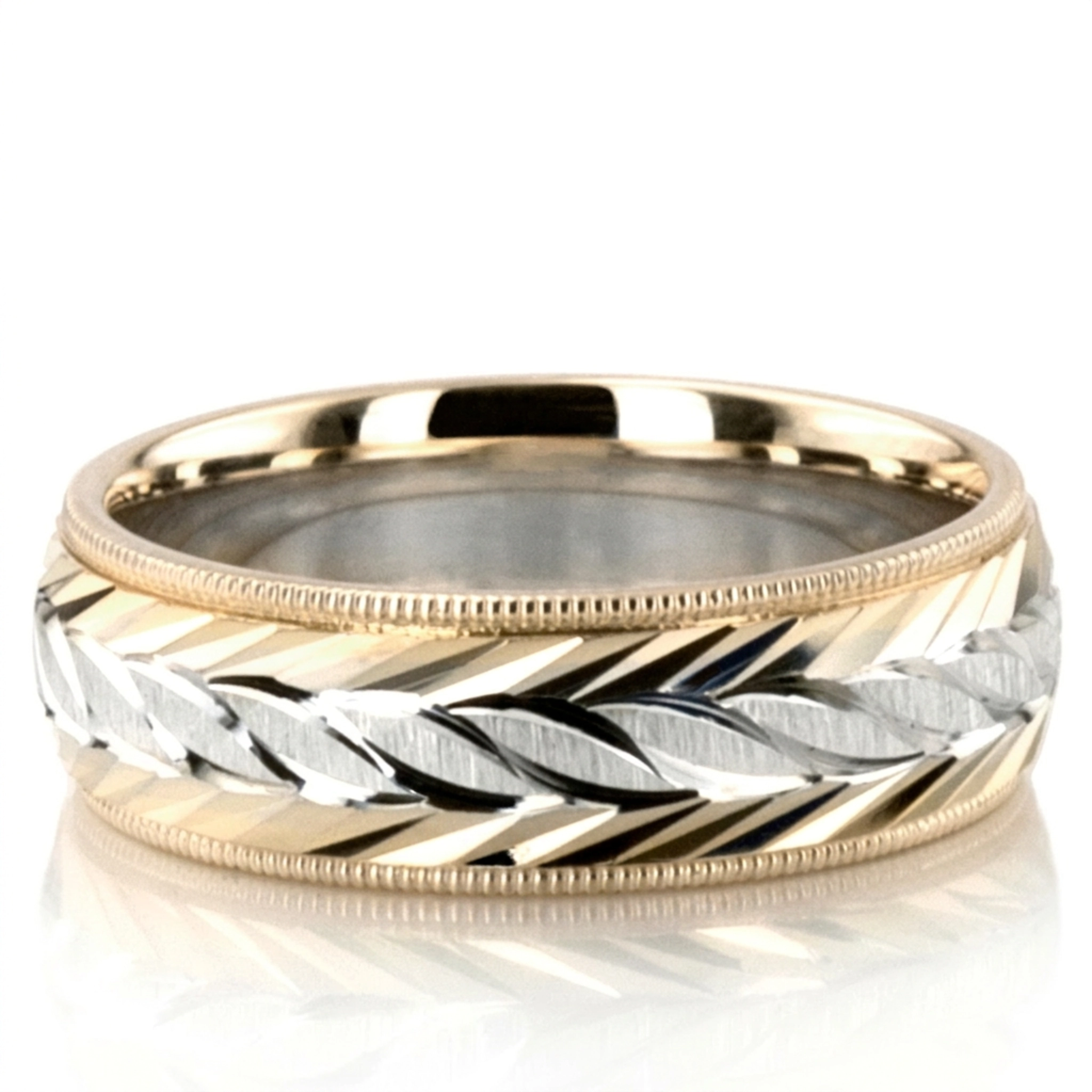 10K yellow-white-yellow gold 6mm. cross satin fancy-carved-diamond-cut-wedding-ring - main view