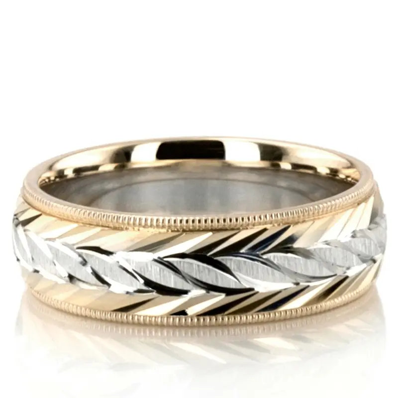 10K yellow-white-yellow gold 6mm. cross satin fancy-carved-diamond-cut-wedding-ring - main view