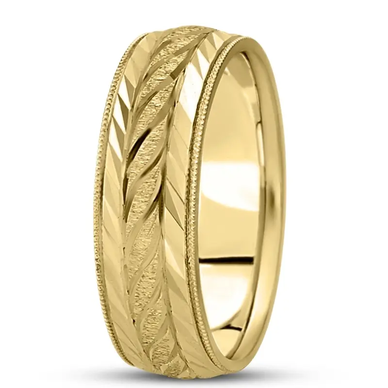 10K yellow gold 7mm. stone finish fancy-carved-diamond-cut-wedding-ring - alternate view 7