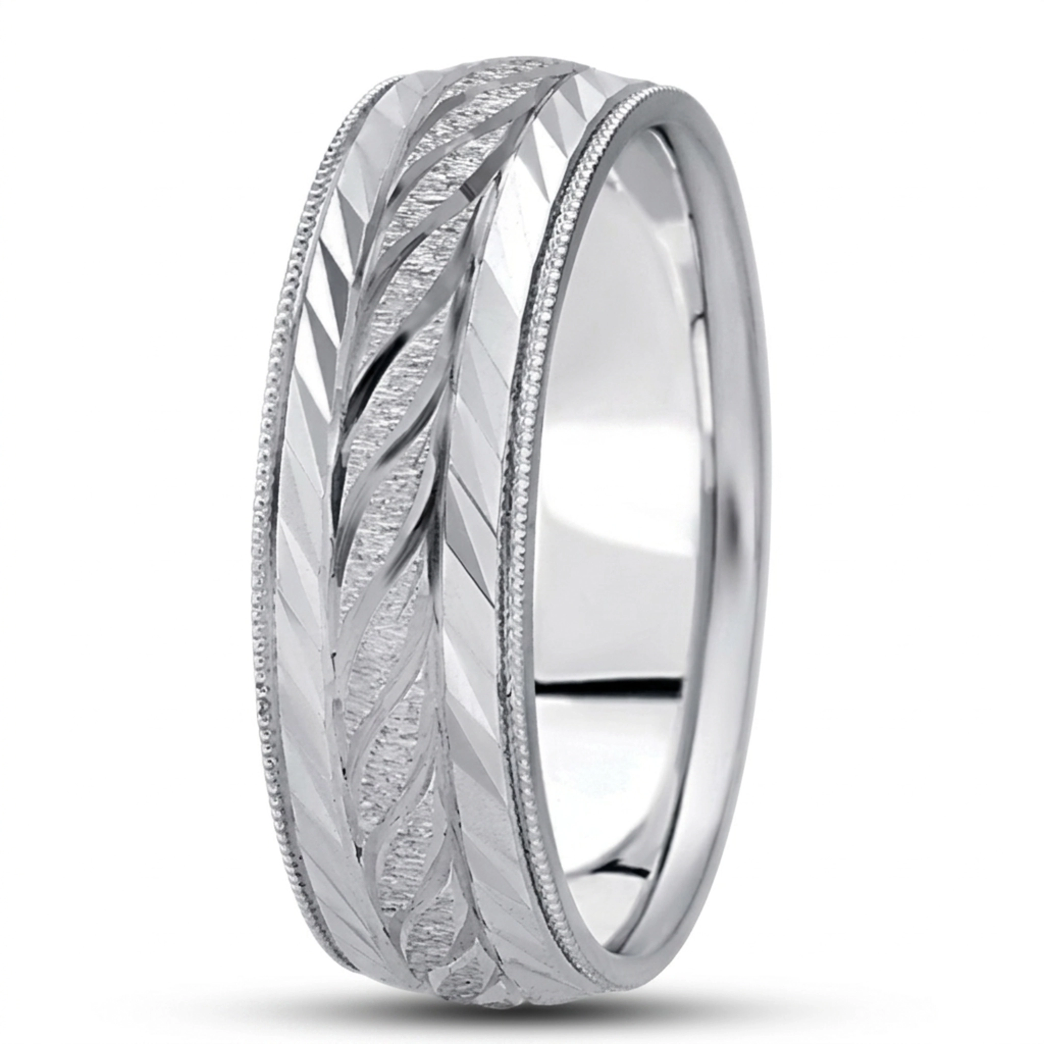 10K white gold 7mm. stone finish fancy-carved-diamond-cut-wedding-ring - alternate view 5