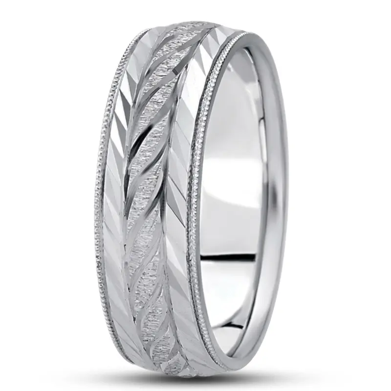 10K white gold 7mm. stone finish fancy-carved-diamond-cut-wedding-ring - alternate view 6