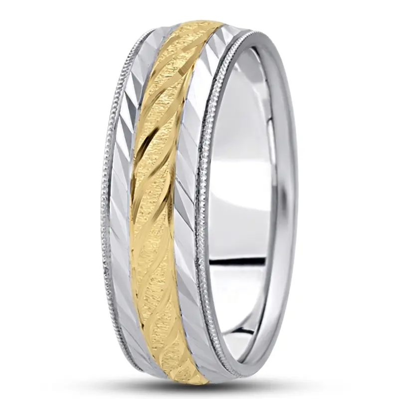 10K white-yellow-white gold 7mm. stone finish fancy-carved-diamond-cut-wedding-ring - alternate view 4