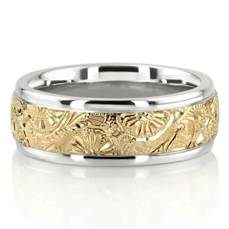10K white-yellow-white gold 7mm. shiny finish Trendy-Floral-Wedding-Band - alternate view 2