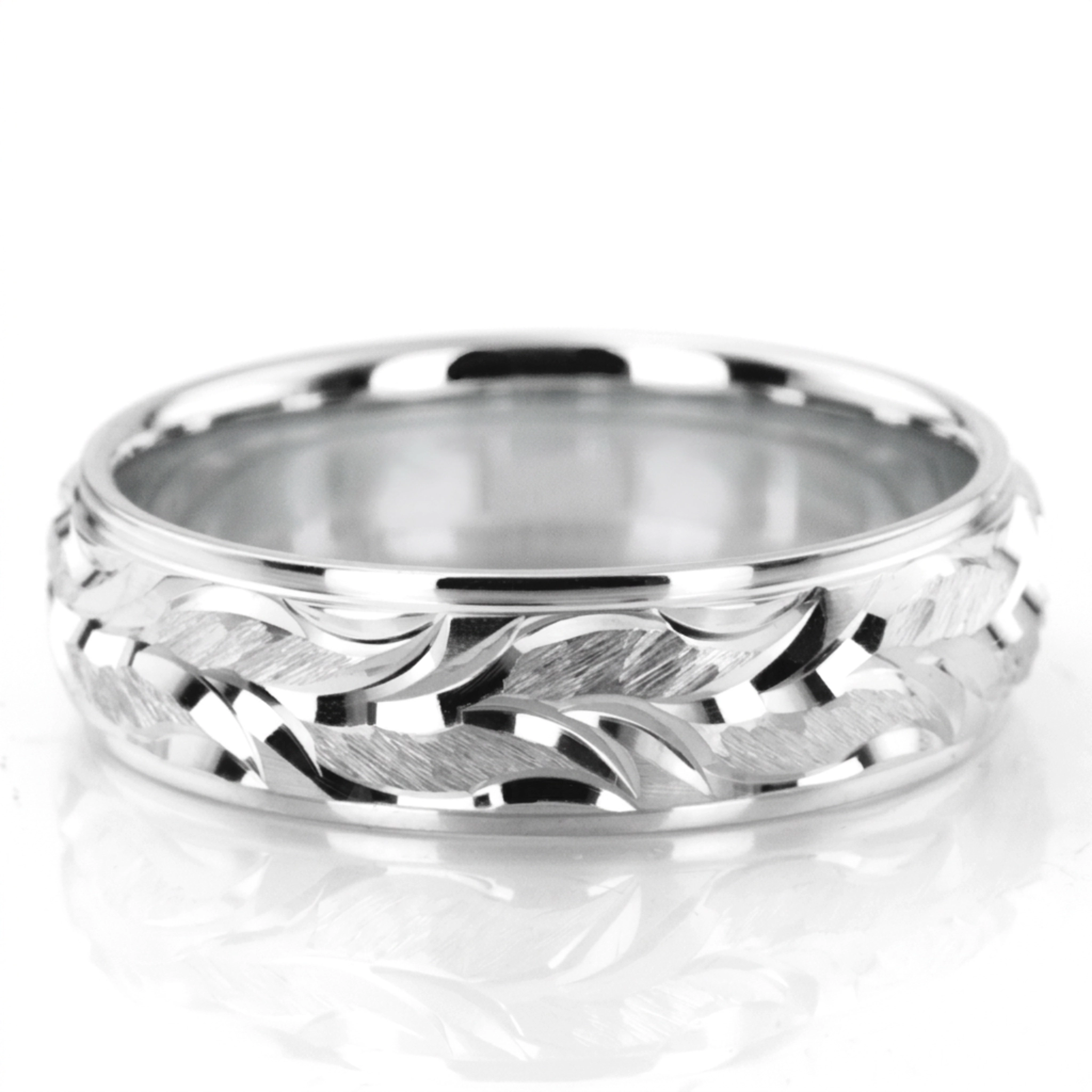 10K white gold 6mm. satin Floral-Carved-Fancy-Wedding-Ring - main view