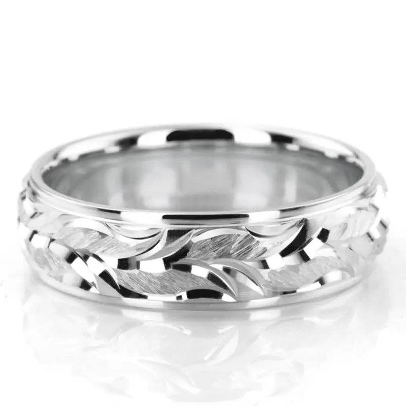 14K white gold 6mm. satin Floral-Carved-Fancy-Wedding-Ring - alternate view 4