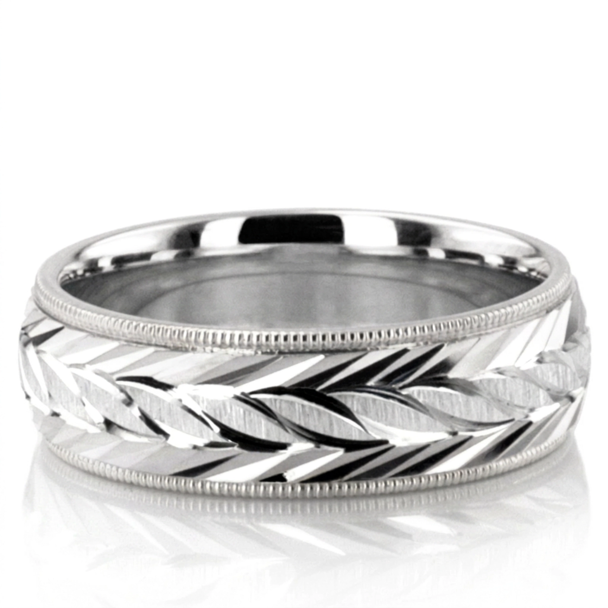 10K white gold 6mm. cross satin fancy-carved-diamond-cut-wedding-ring - alternate view 4