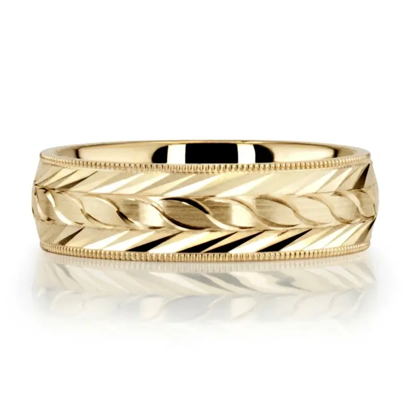 10K yellow gold 7mm. satin fancy-carved-diamond-cut-wedding-ring - alternate view 3
