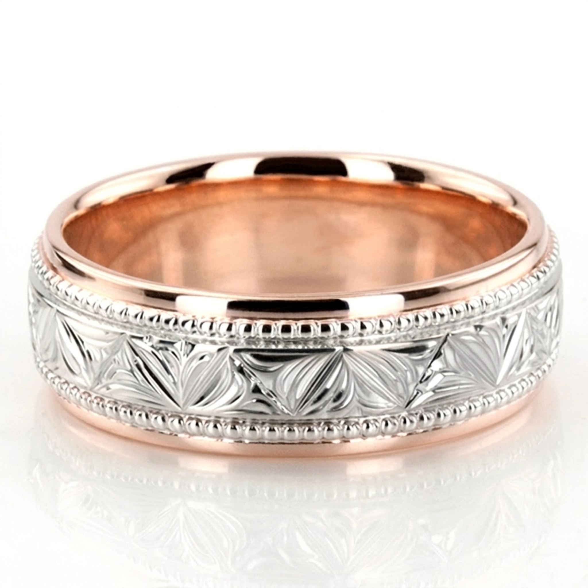 10K pink-white-pink gold 7mm. high polish Floral-bead-design-wedding-ring - main view
