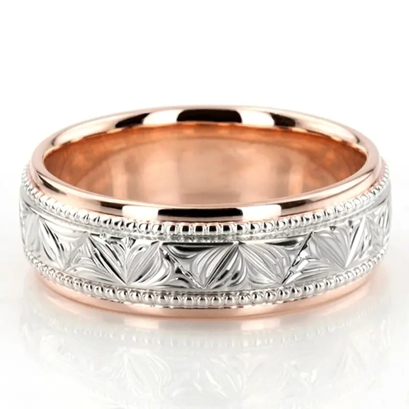 10K pink-white-pink gold 7mm. high polish Floral-bead-design-wedding-ring - main view
