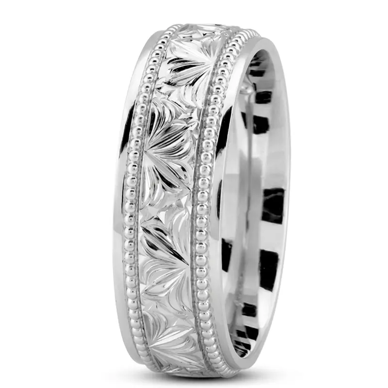 10K white gold 7mm. high polish Floral-bead-design-wedding-ring - alternate view 5