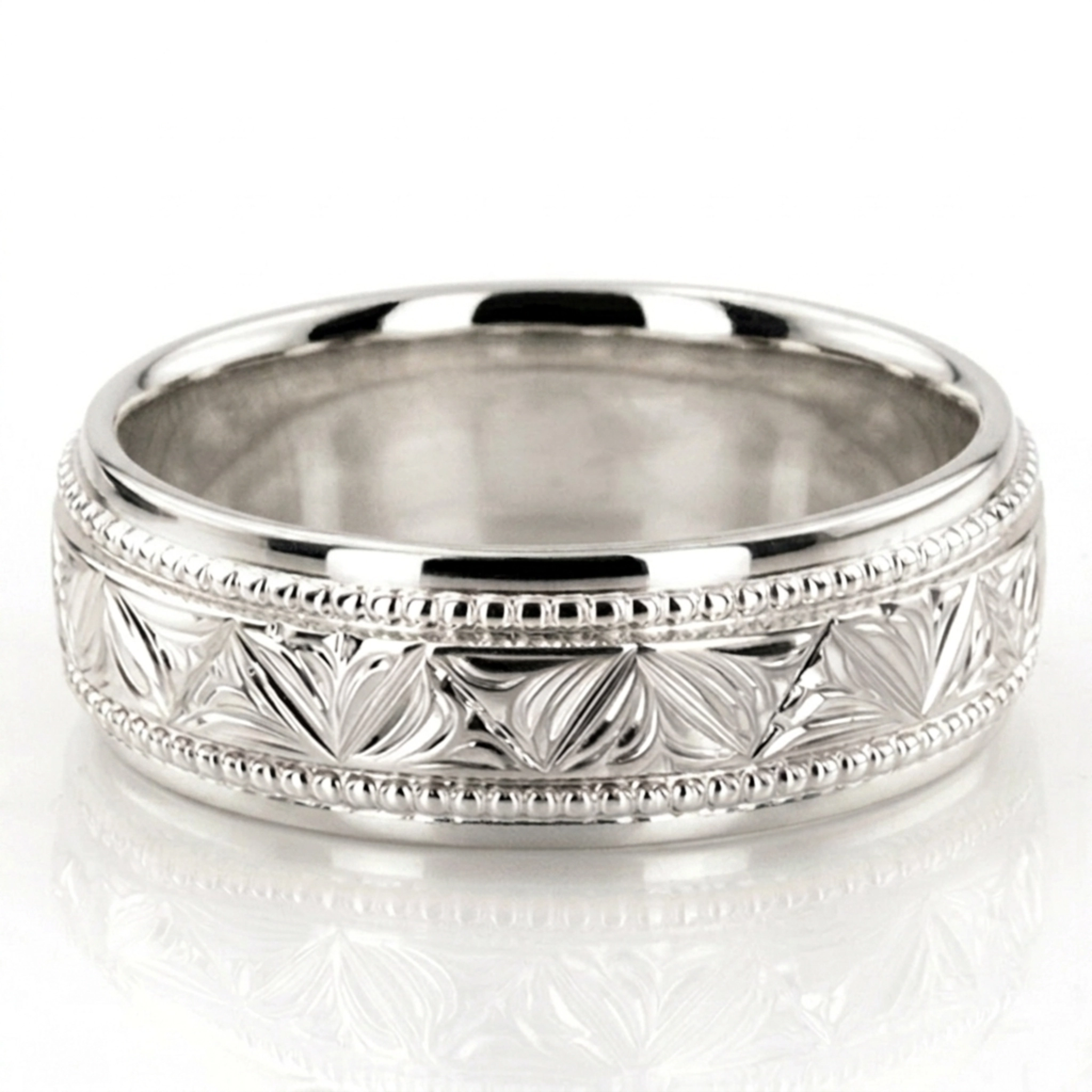 10K white gold 7mm. high polish Floral-bead-design-wedding-ring - alternate view 2