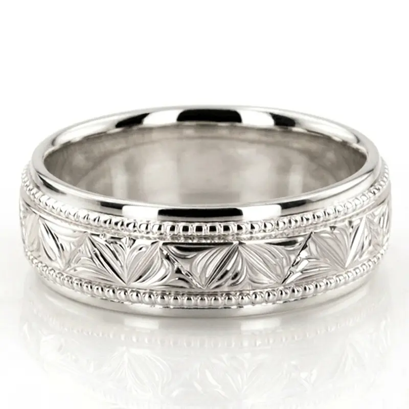 10K white gold 7mm. high polish Floral-bead-design-wedding-ring - alternate view 2