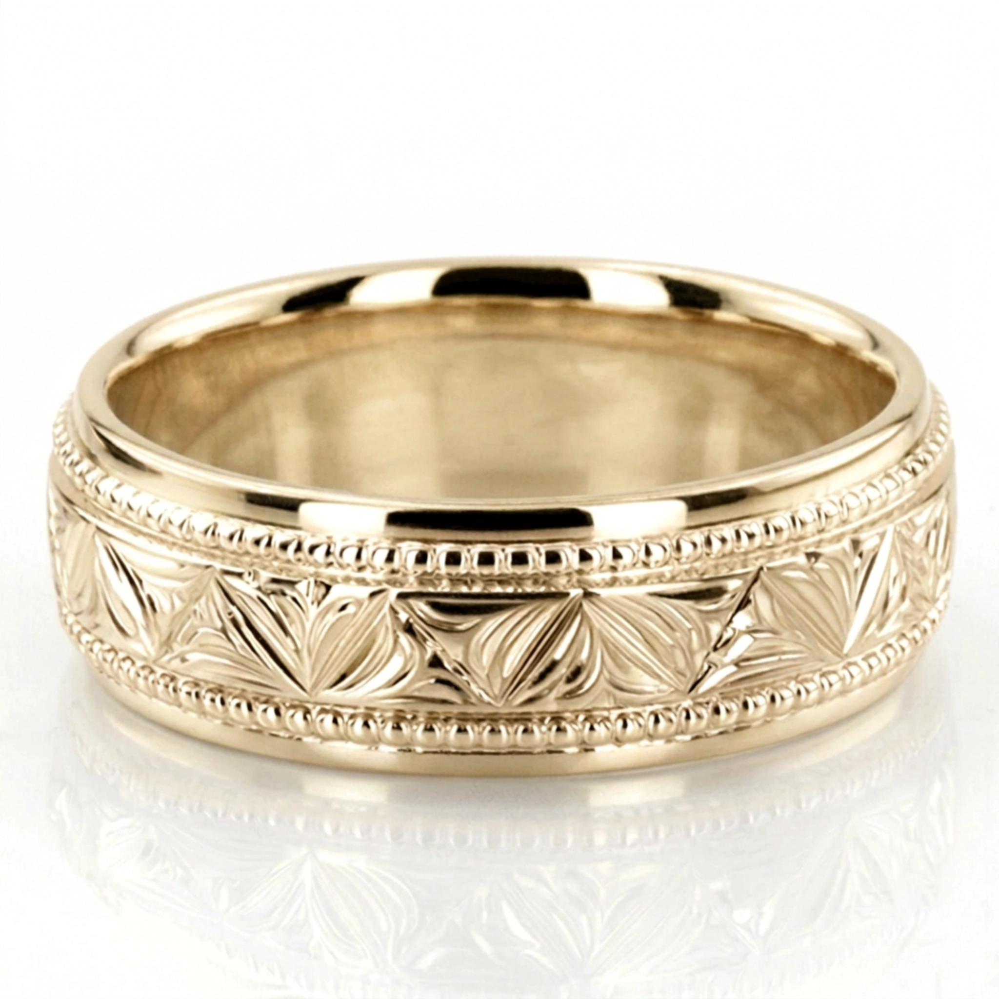 10K yellow gold 7mm. high polish Floral-bead-design-wedding-ring - alternate view 3