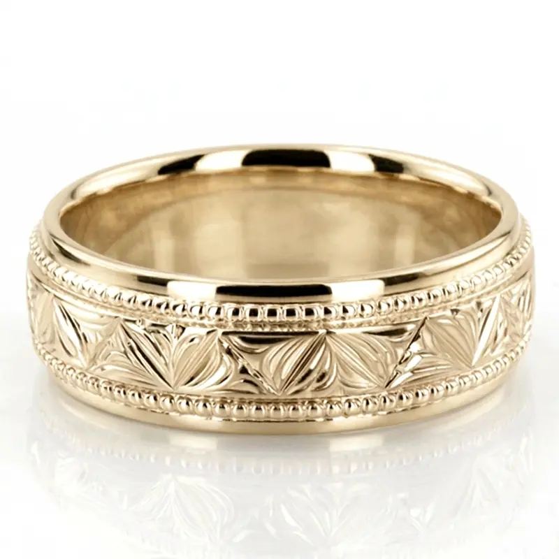 10K yellow gold 7mm. high polish Floral-bead-design-wedding-ring - alternate view 3