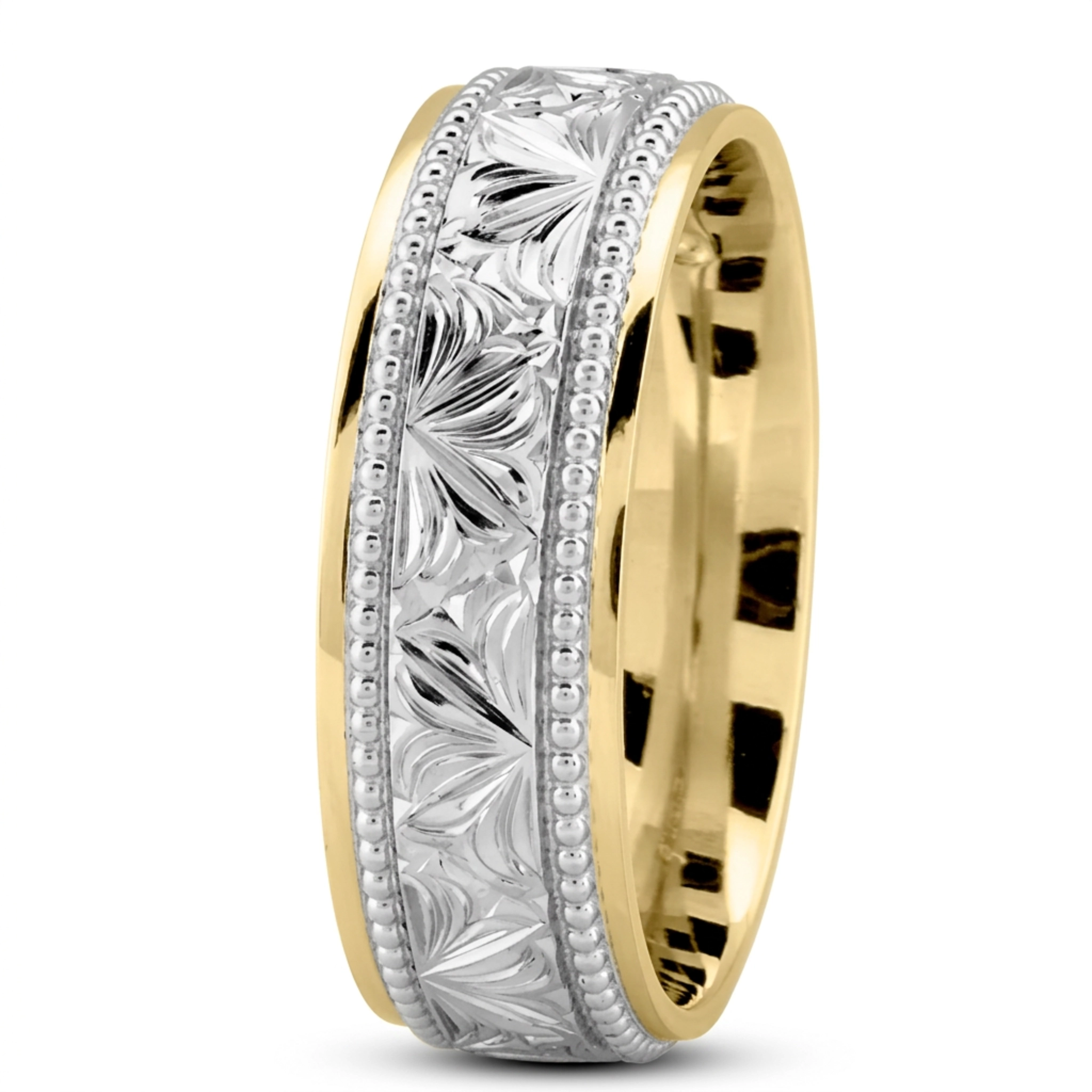 10K yellow-white-yellow gold 7mm. high polish Floral-bead-design-wedding-ring - alternate view 7