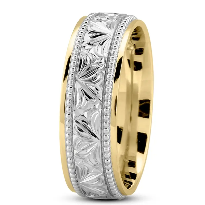 10K yellow-white-yellow gold 7mm. high polish Floral-bead-design-wedding-ring - alternate view 7