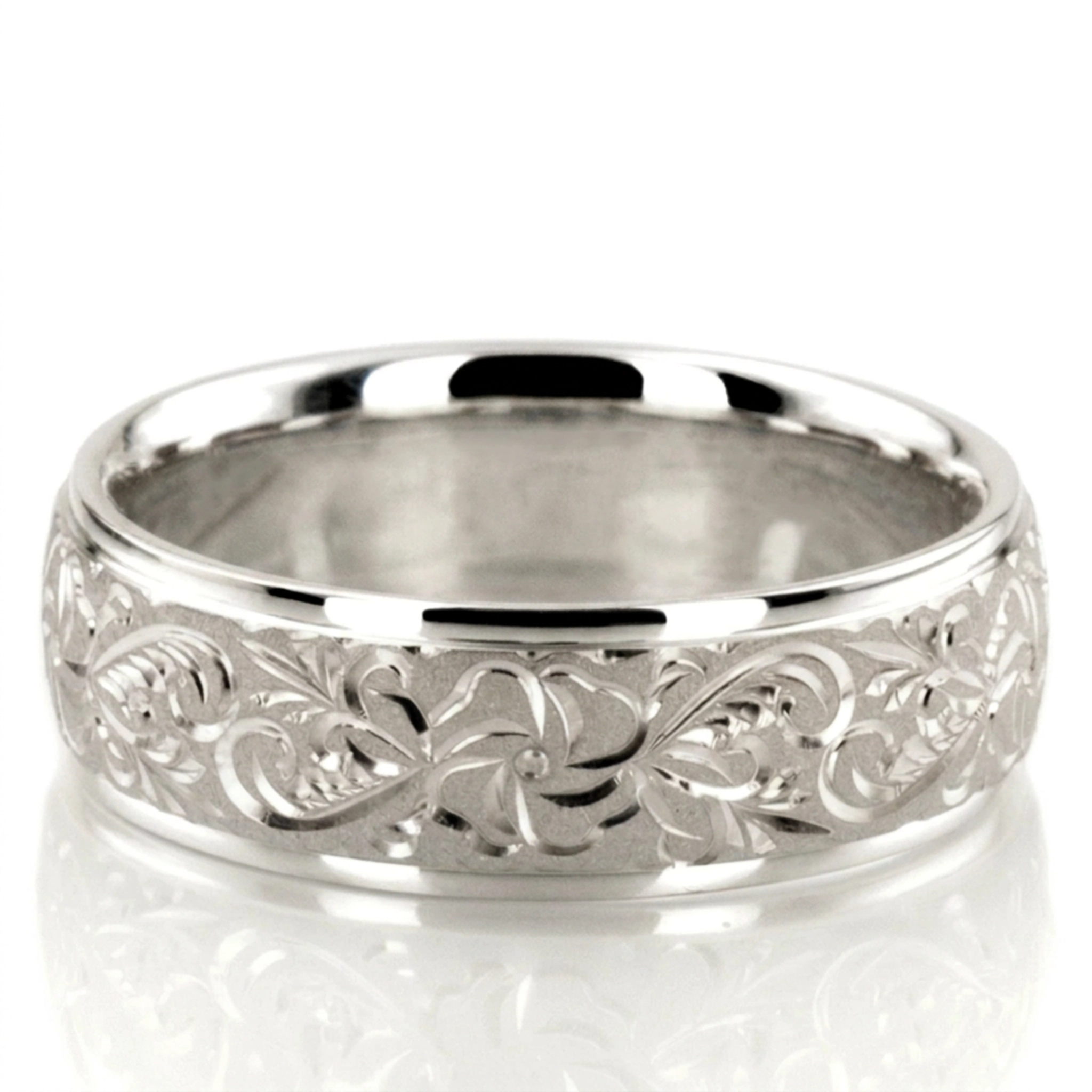 18K white gold 7mm. same as picture Floral-Fancy-Carved-Wedding-Ring - alternate view 3